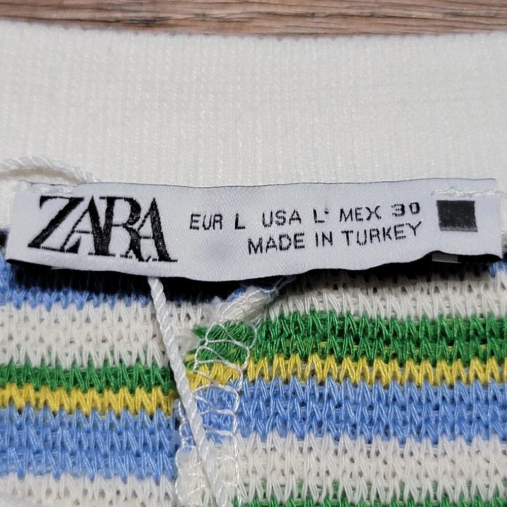 Zara Knit Top Yellow Green White & Blue Stripes - Size Large NWT